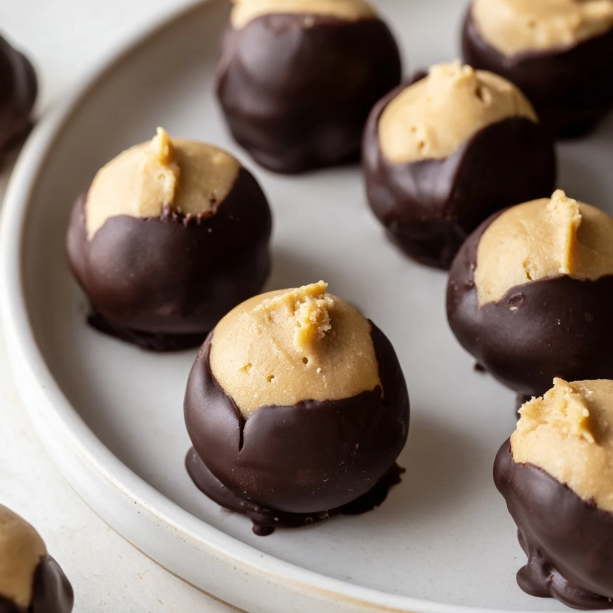 Creamy peanut butter buckeye cookies freshly dipped in rich melted semisweet chocolate