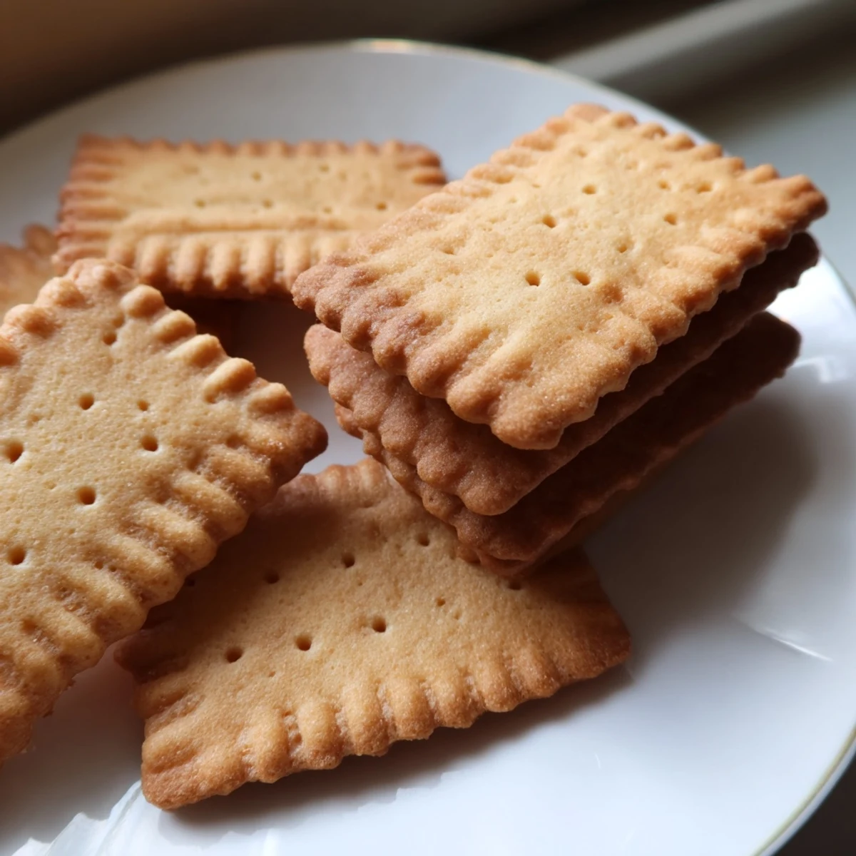 Golden French Petit Beurre cookies arranged on a rustic linen napkin beside a steaming cup of tea