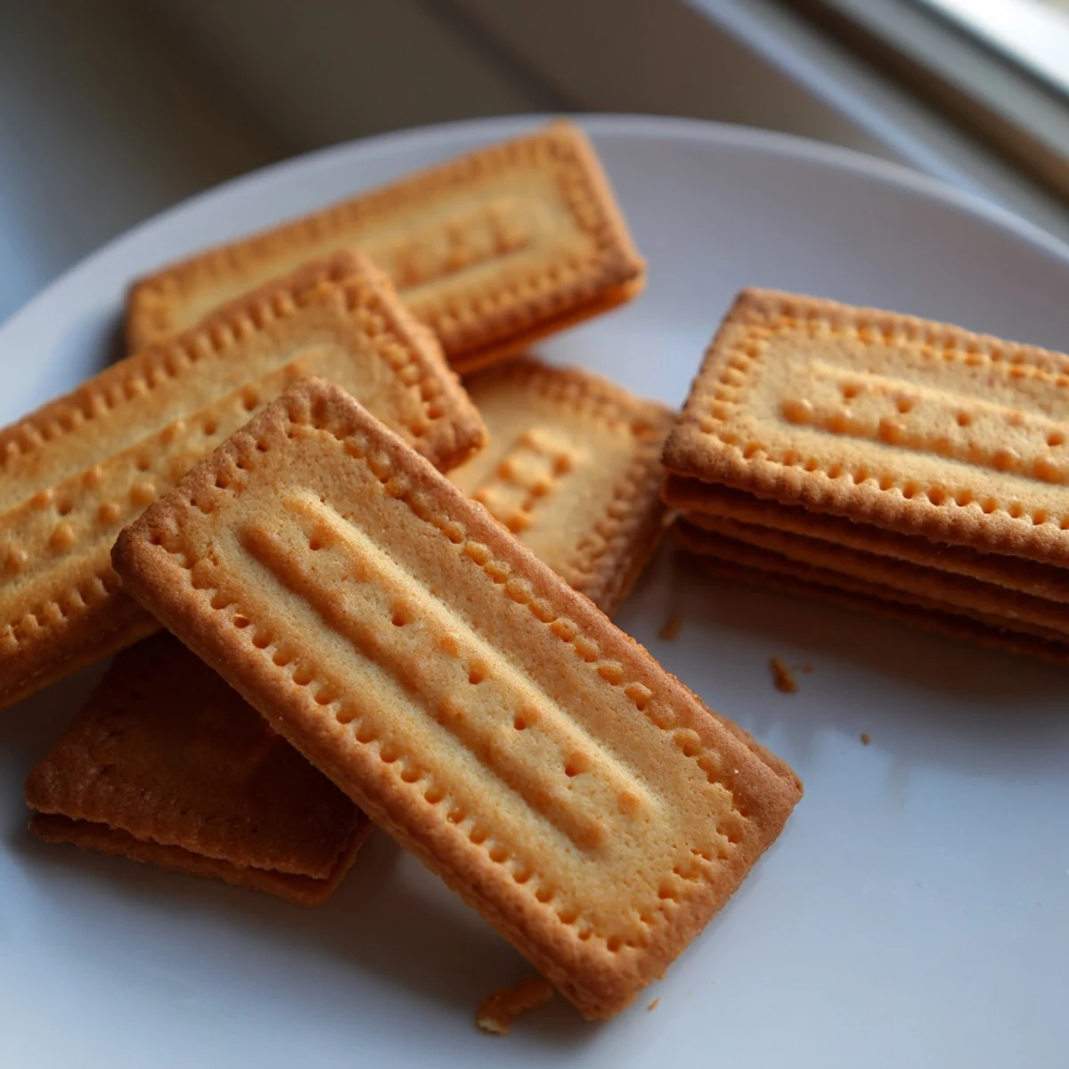 Crispy buttery Petit Beurre biscuits fresh from the oven with delicate fork-pierced tops and golden edges