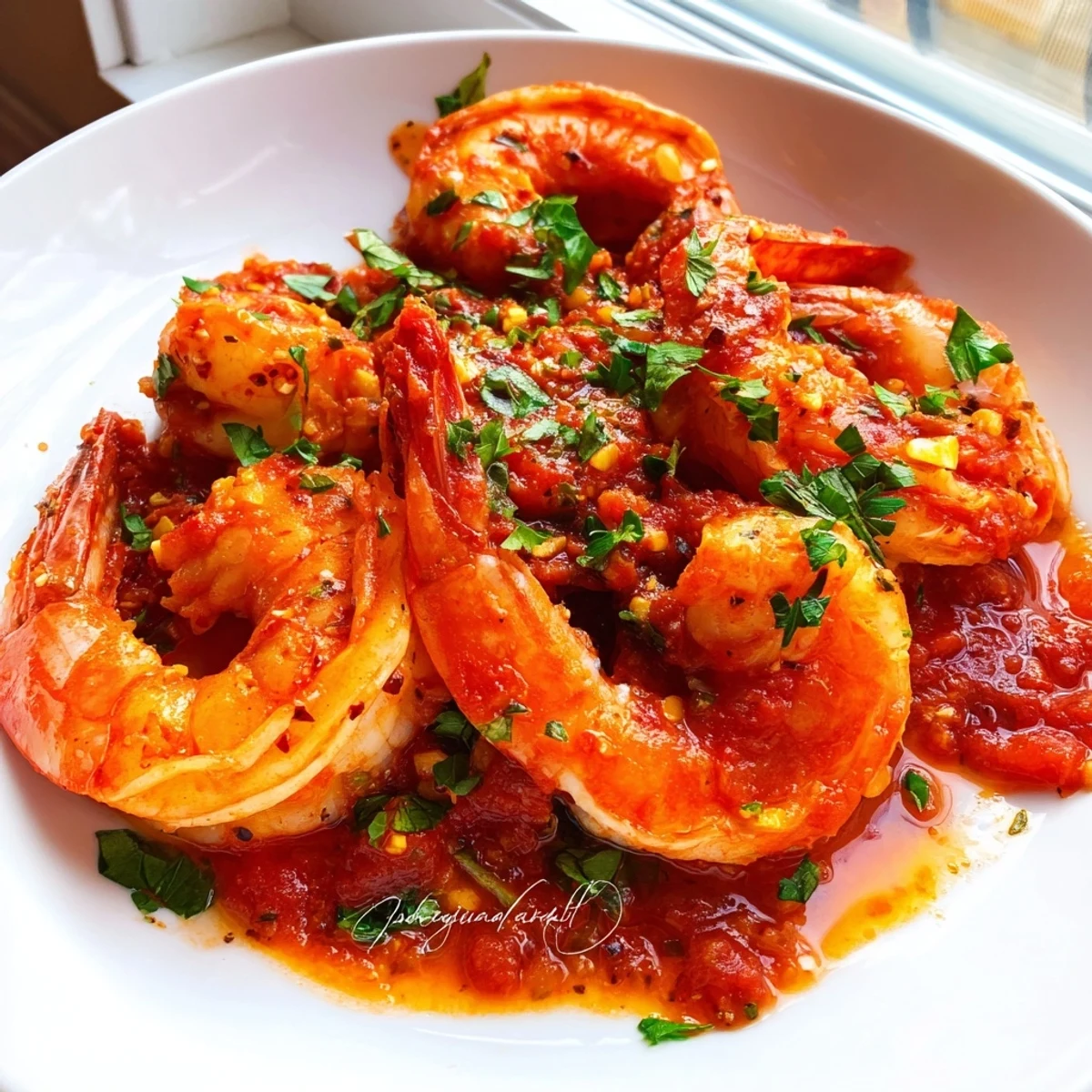 Succulent shrimp fra diavolo swimming in a fiery red tomato sauce with fresh parsley