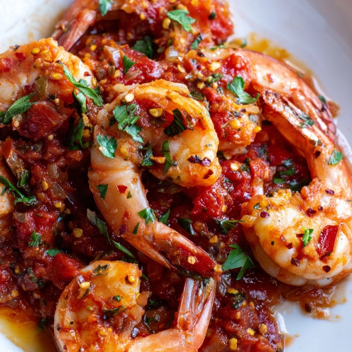 Spicy shrimp fra diavolo served over tender spaghetti with a vibrant crimson sauce