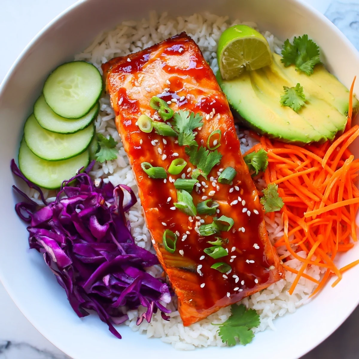 Glistening Sriracha Honey Glazed Salmon Bowls topped with sesame seeds and fresh vegetables