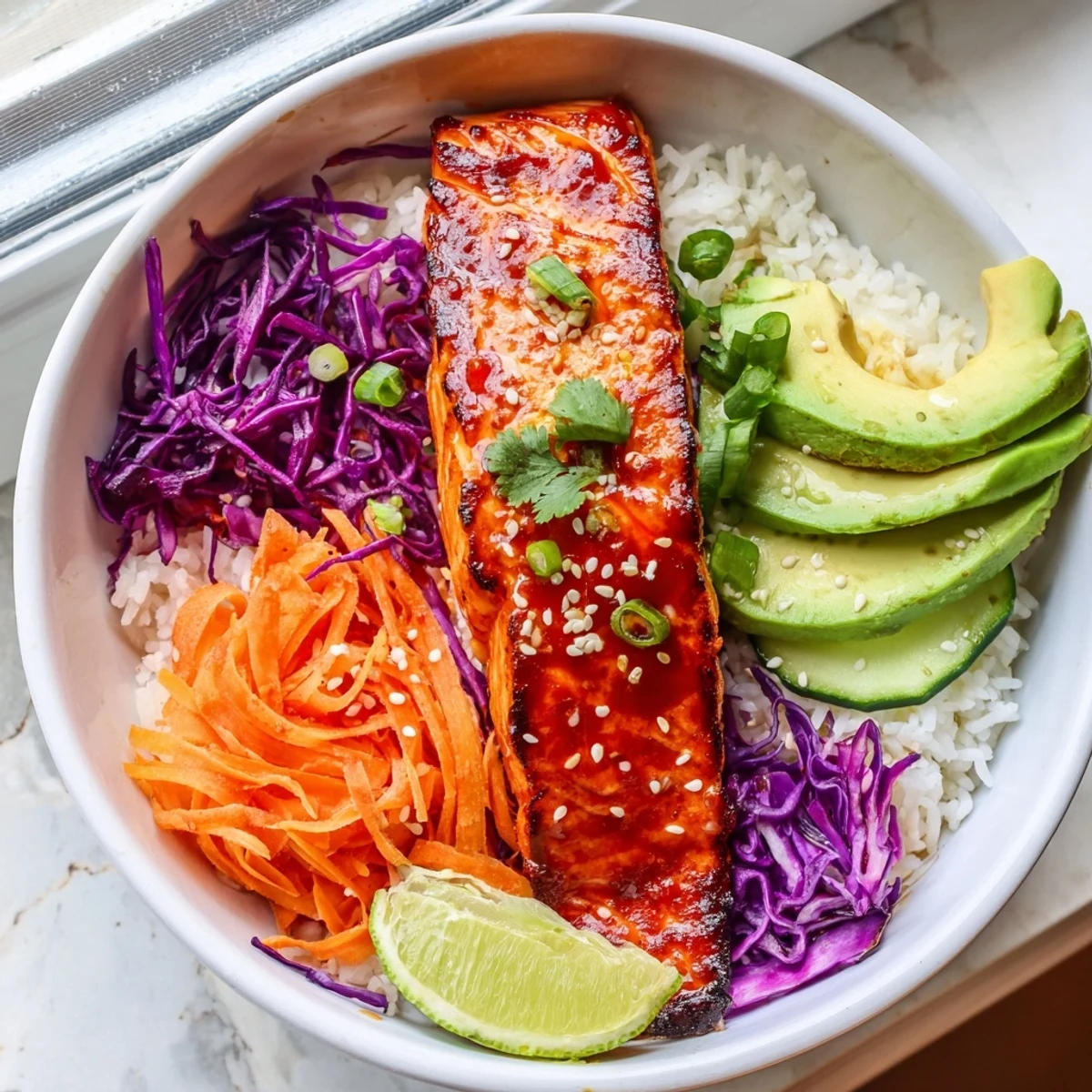Caramelized Sriracha Honey Glazed Salmon Bowls garnished with avocado cucumber and shredded cabbage