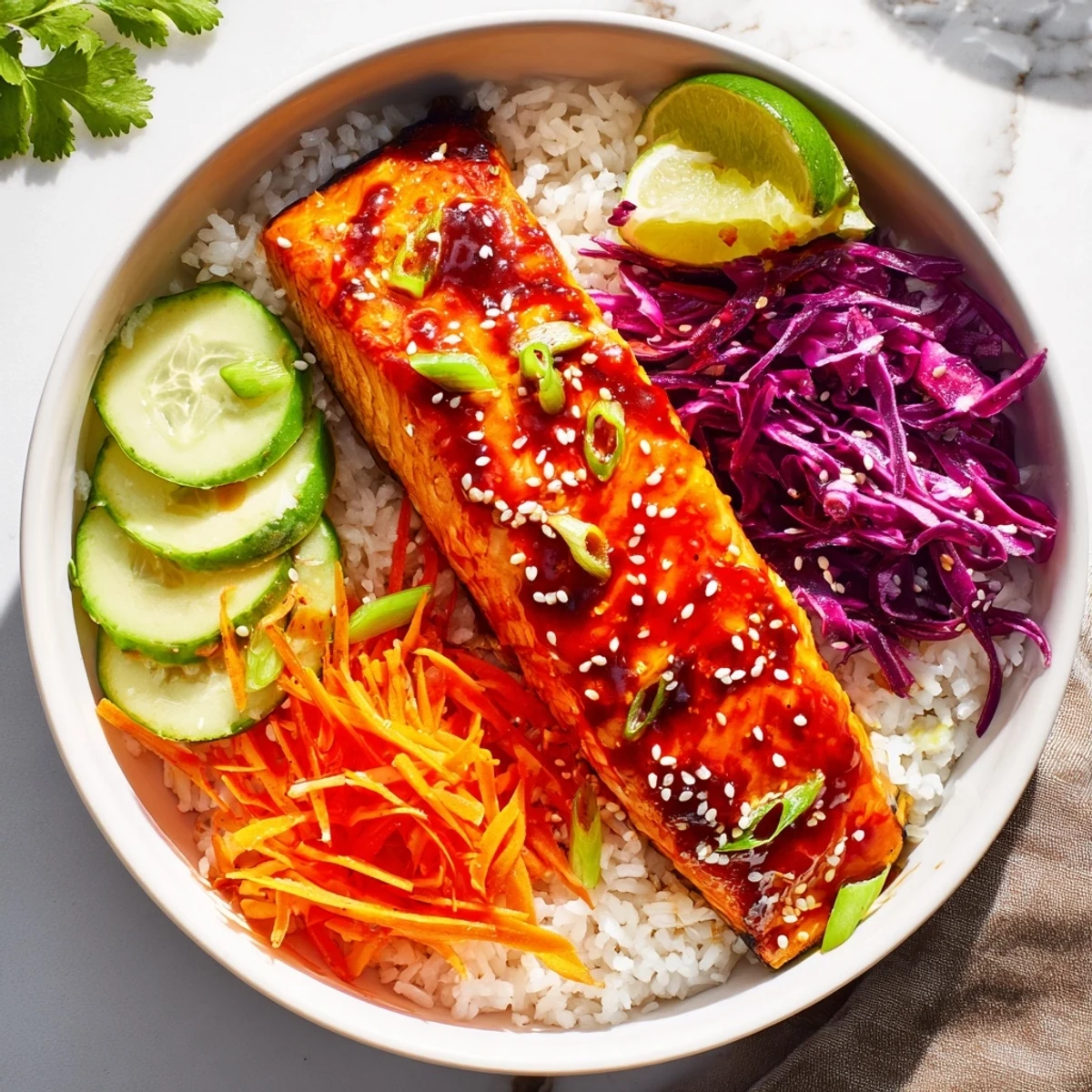 Tender salmon coated in sticky sweet spicy glaze served over steaming jasmine rice