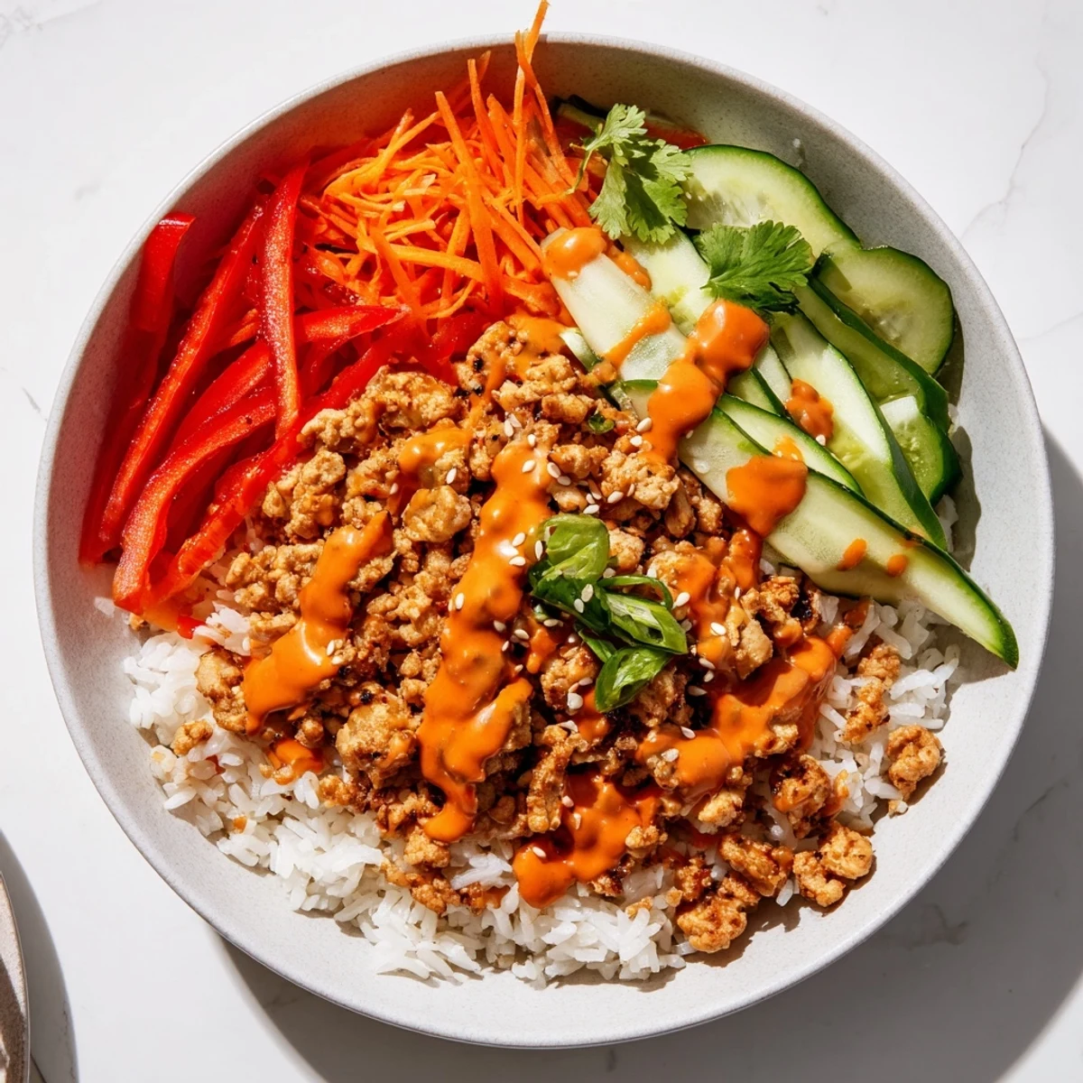 Hearty ground turkey rice bowls topped with spicy Bang Bang sauce and crisp vegetables