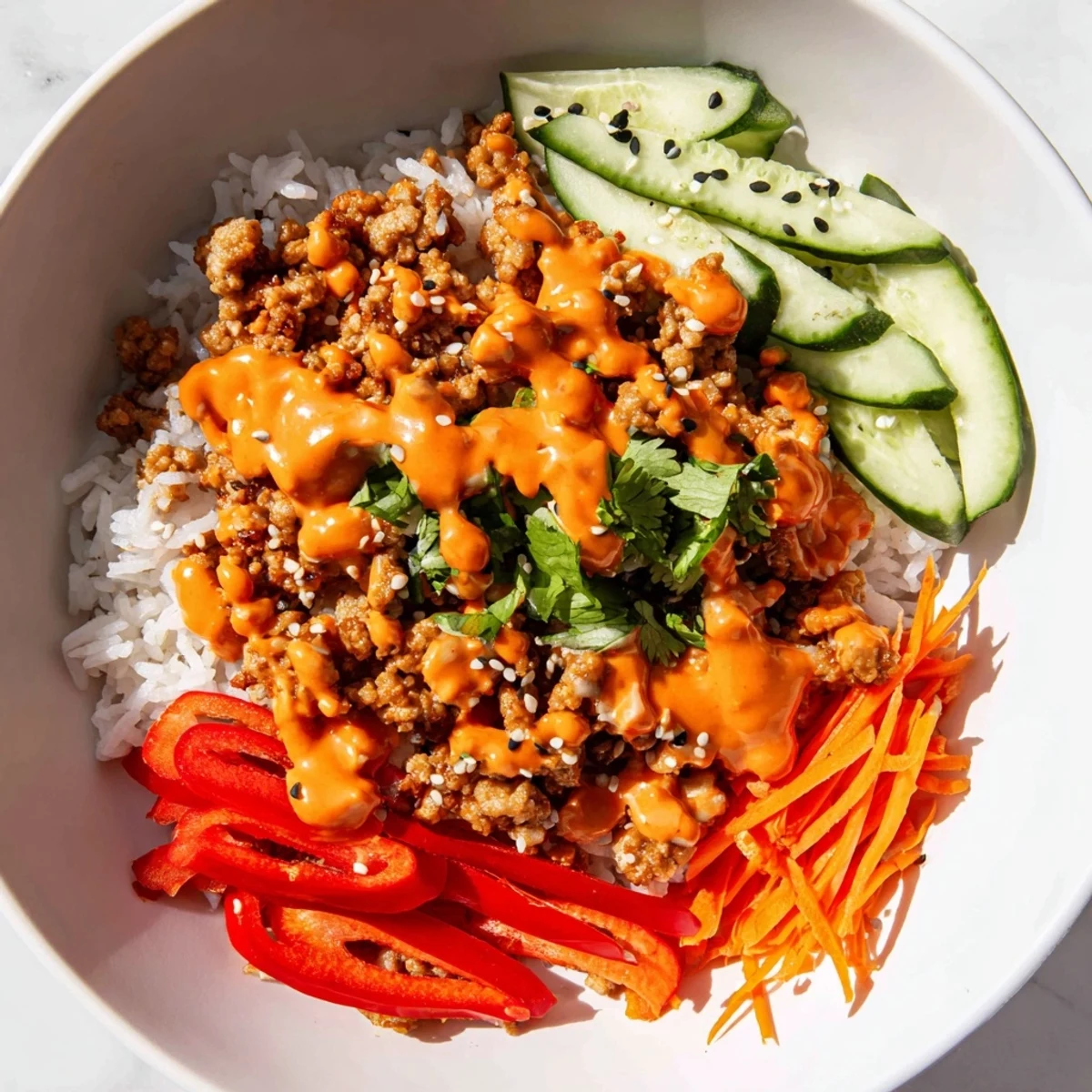 Seasoned ground turkey rice bowls drizzled with creamy spicy Bang Bang sauce