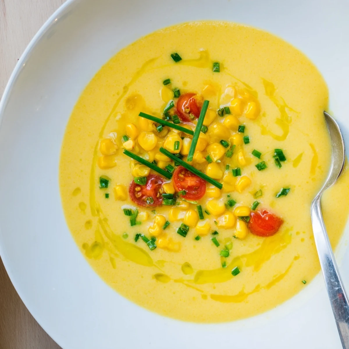 Golden summer sweet corn gazpacho topped with reserved kernels and a drizzle of olive oil