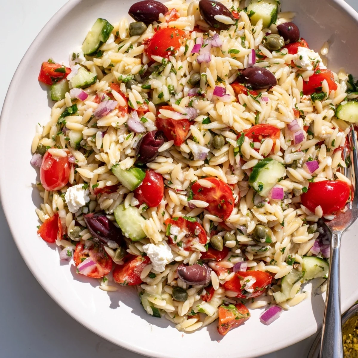 Mediterranean orzo pasta salad topped with Kalamata olives cherry tomatoes and a zesty herb dressing