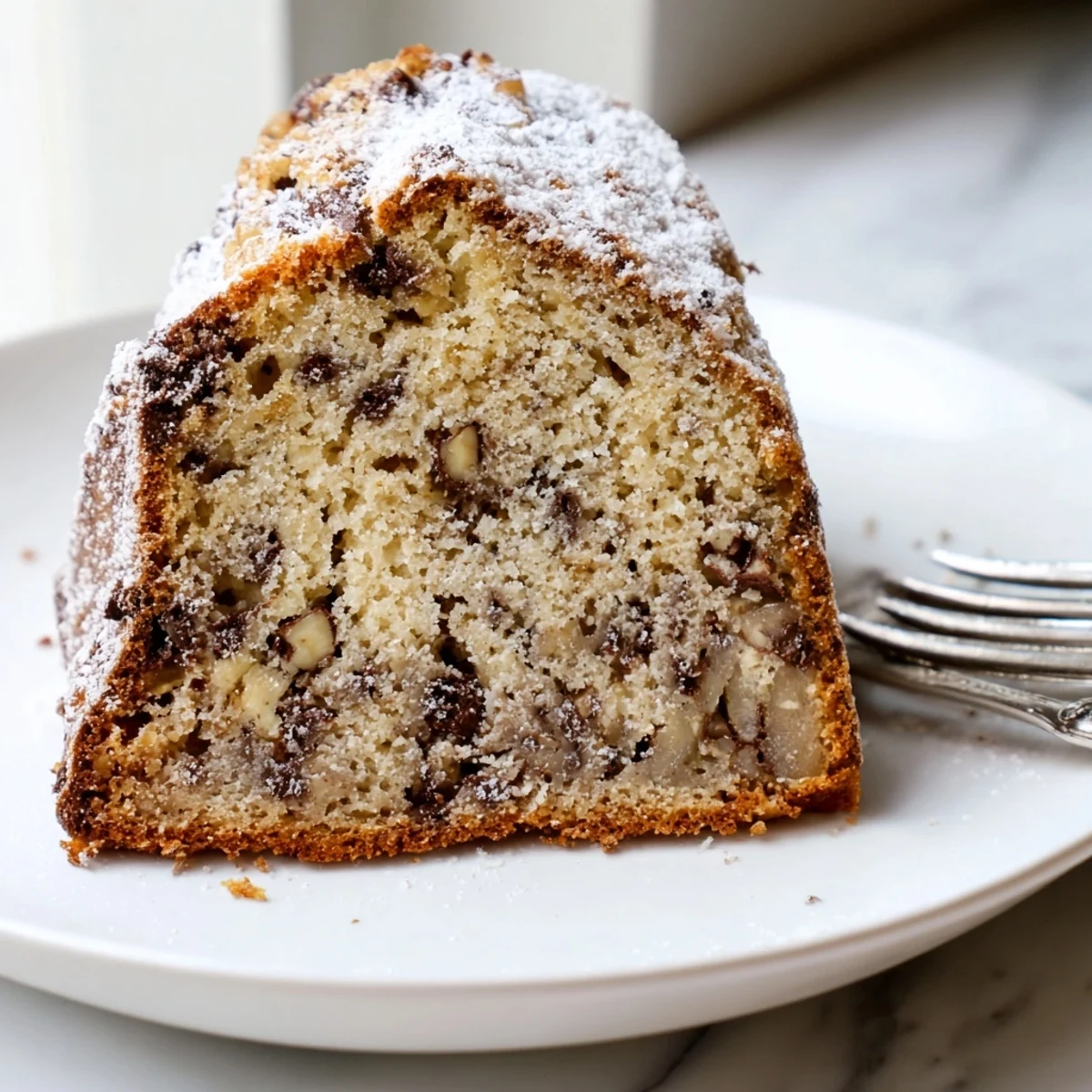 A golden banana cake slice topped with creamy frosting on a white plate