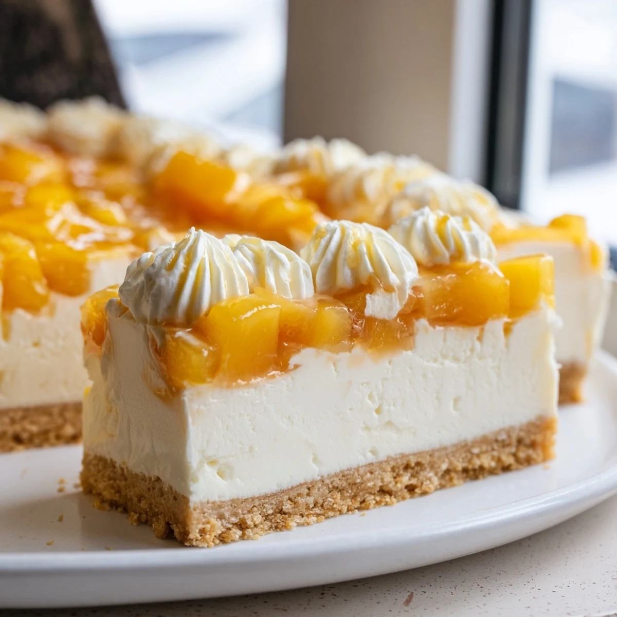 Creamy Peaches and Cream Cheesecake Bars with golden juicy peach topping on graham crust