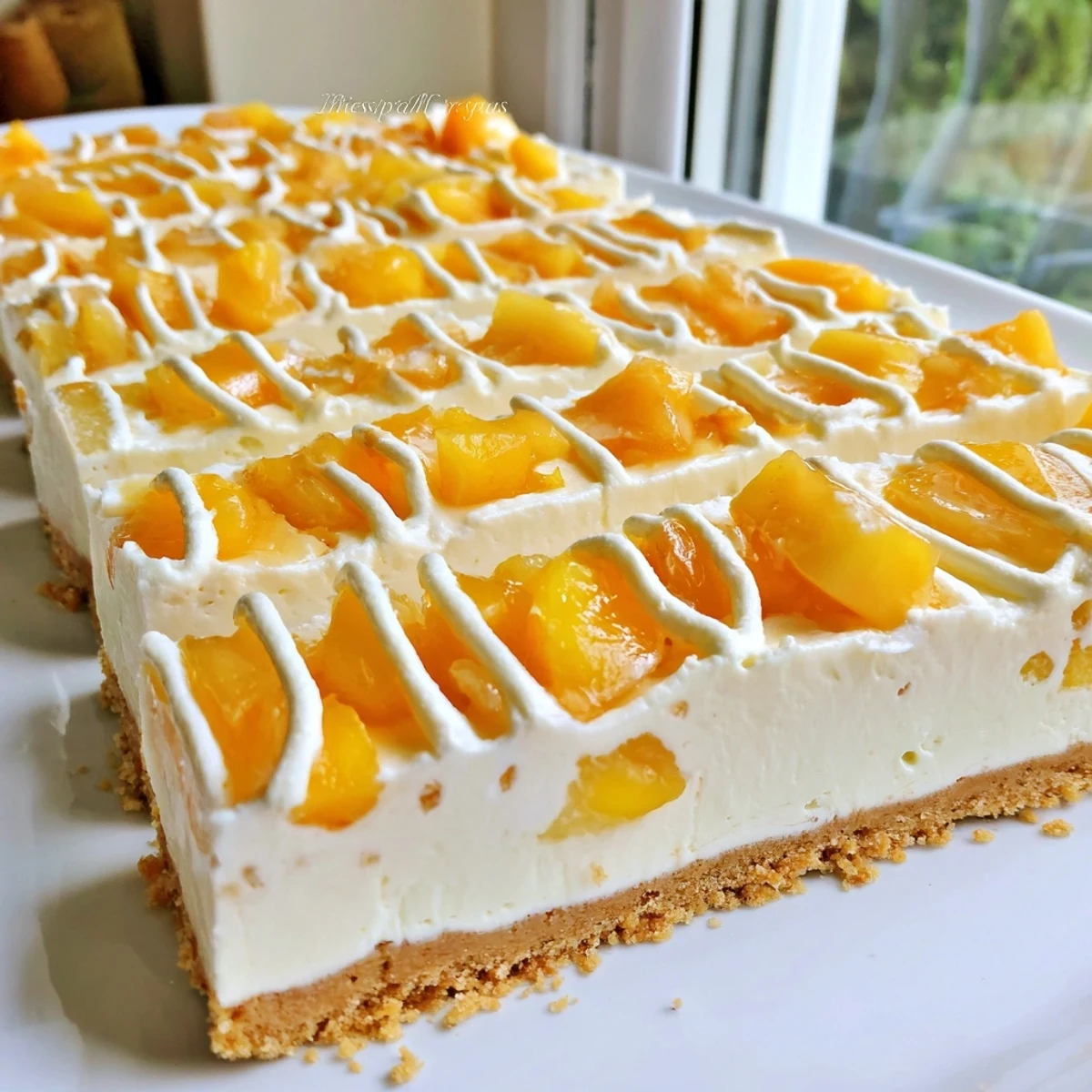 Chilled Peaches and Cream Cheesecake Bars sliced to reveal a smooth velvety filling