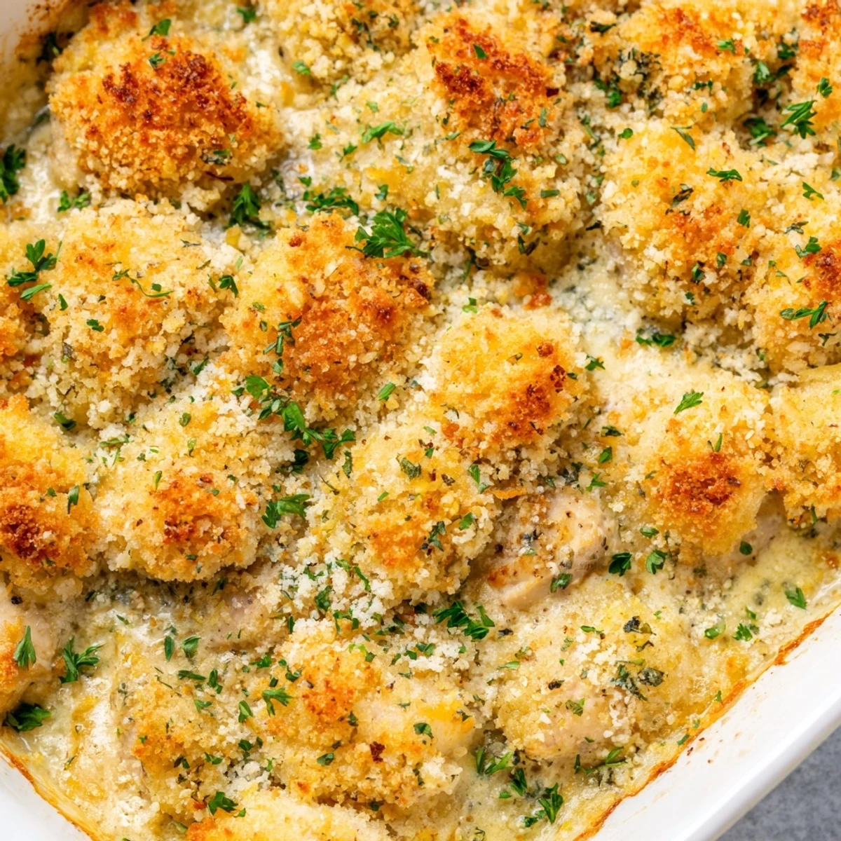 Golden crispy chicken Kiev casserole fresh from the oven with bubbling garlic herb sauce