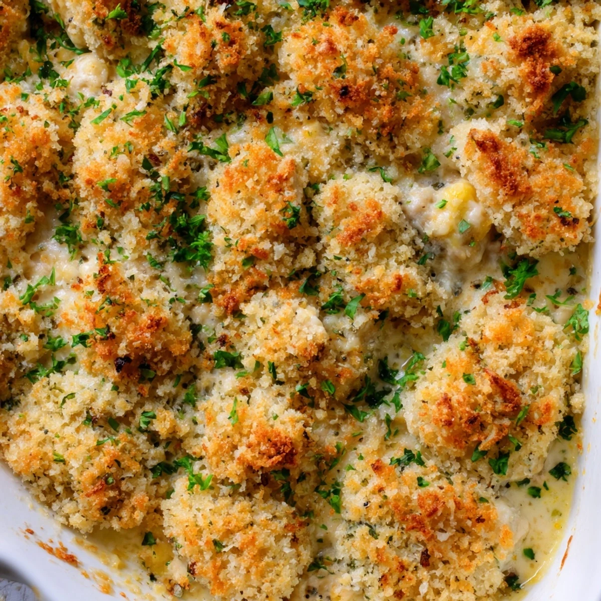 Creamy chicken Kiev casserole topped with crunchy Parmesan breadcrumbs in a baking dish