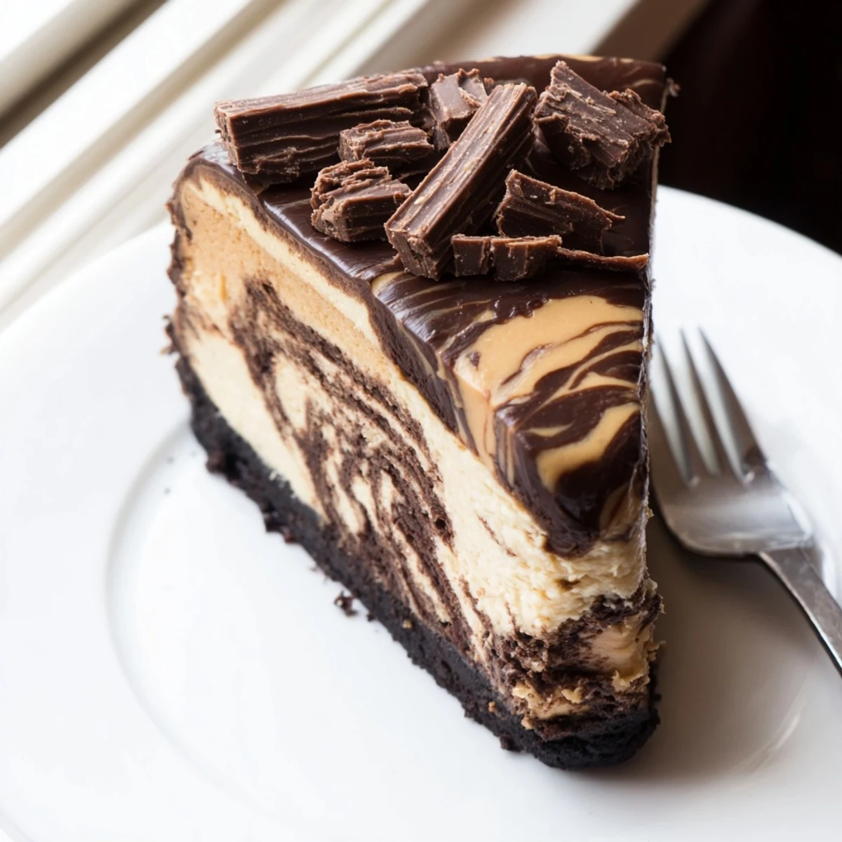 Rich chocolate peanut butter cheesecake sliced thick on a white dessert plate