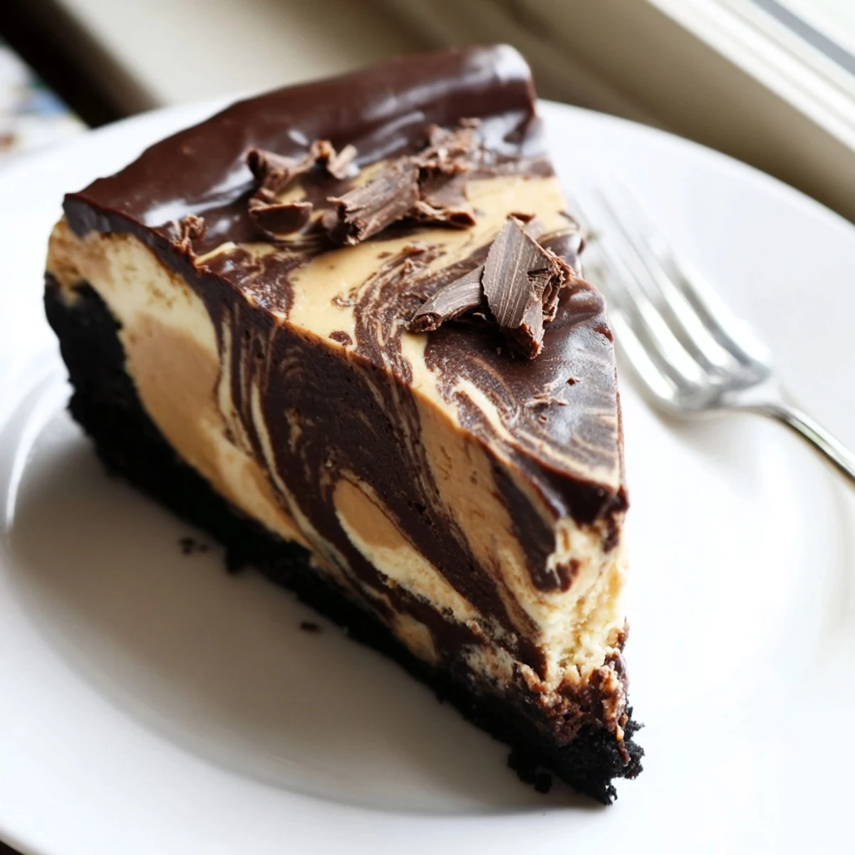 Decadent chocolate peanut butter cheesecake with a cookie crust and chocolate swirl