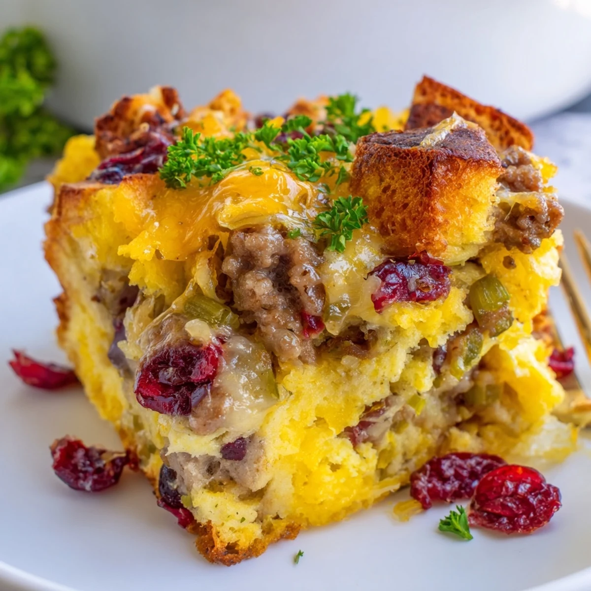 Golden baked cranberry sausage stuffing breakfast casserole with melted cheddar and herbs
