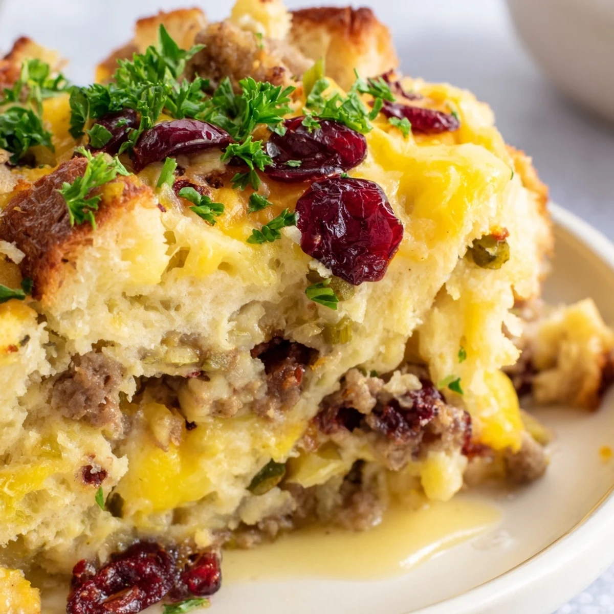 Creamy cranberry sausage stuffing breakfast casserole fresh from the oven with bubbling cheese
