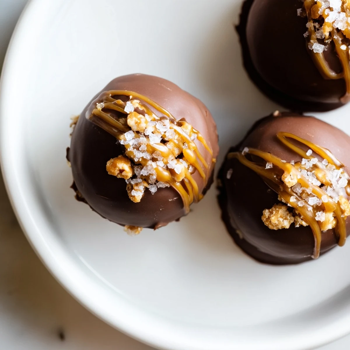 Golden chocolate-dipped salted caramel pretzel cheesecake balls drizzled with sticky caramel on parchment paper.