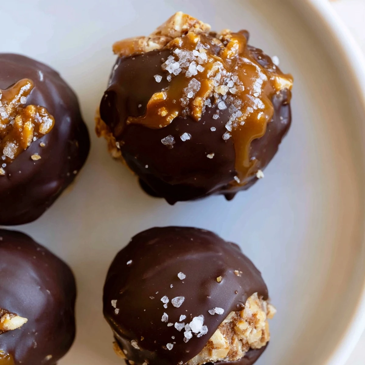 Creamy salted caramel pretzel cheesecake balls coated in glossy chocolate and sprinkled with flaky sea salt.