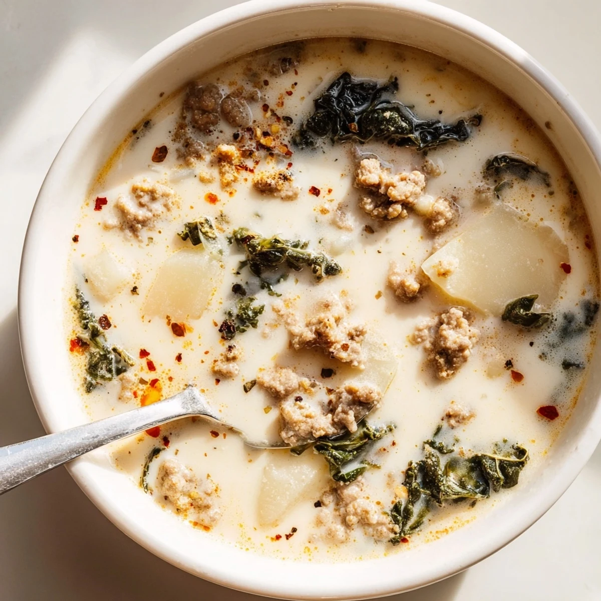 Creamy Zuppa Toscana soup with crumbled sausage, tender potatoes, and fresh kale in a white bowl.
