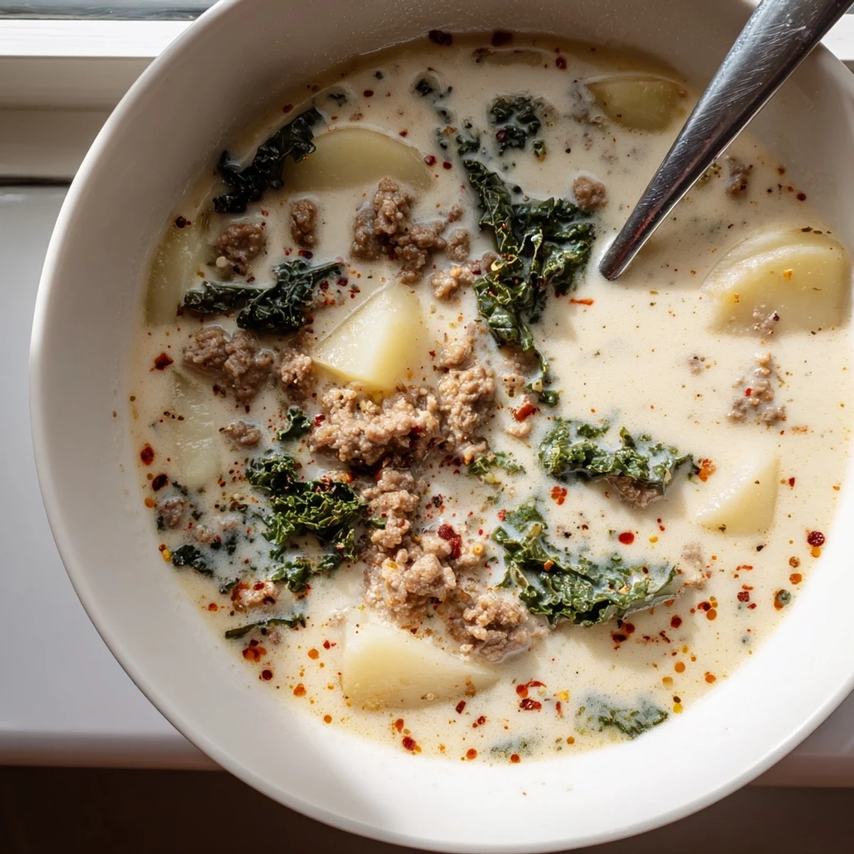 A hearty bowl of Zuppa Toscana soup topped with kale, served alongside crusty bread.
