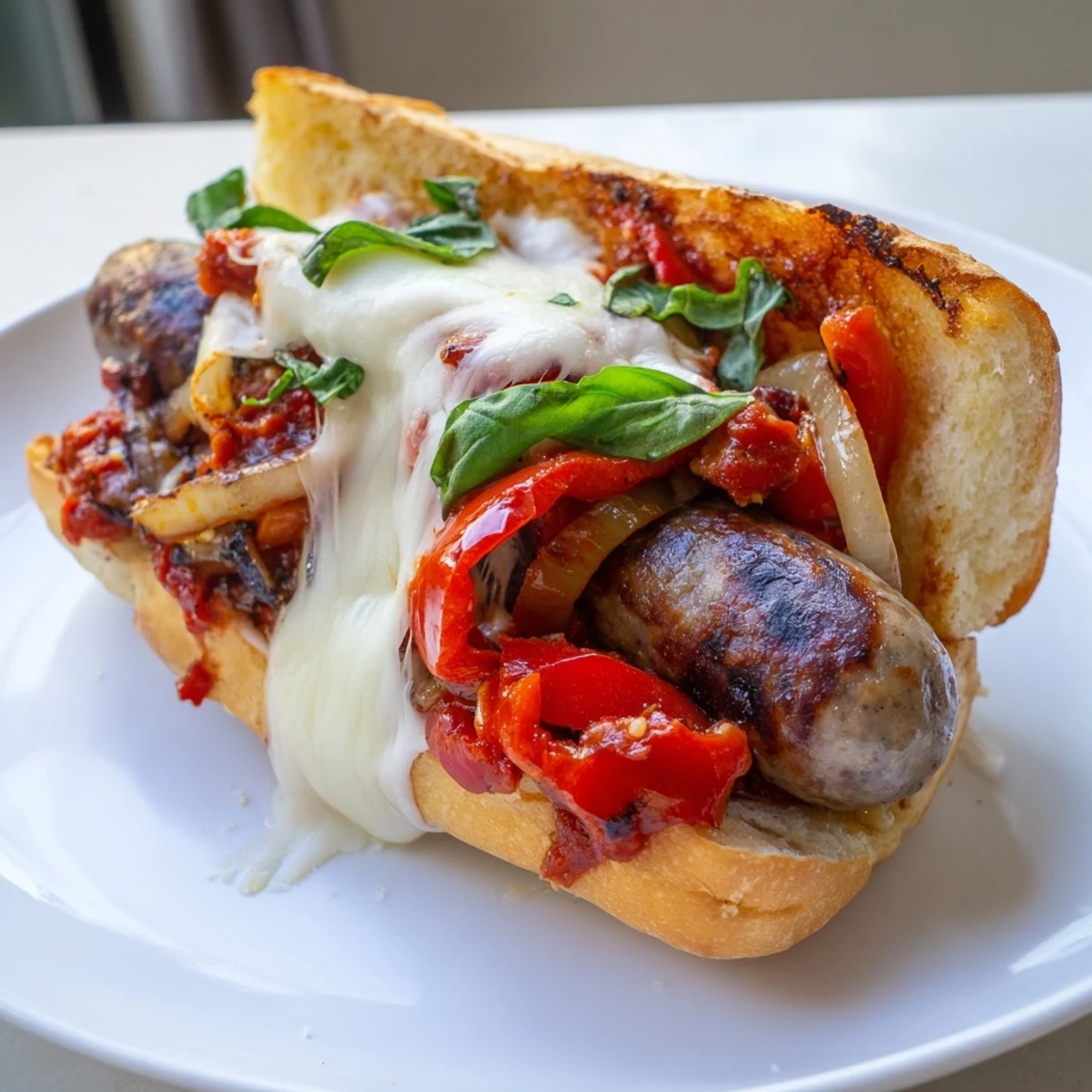 Smoky grilled sausage grinders piled with charred tomato sauce on toasted rolls