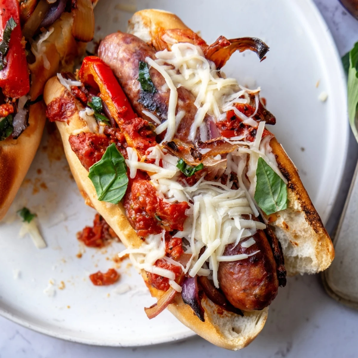 Golden toasted grinder rolls stuffed with charred sausages and rich grilled tomato sauce