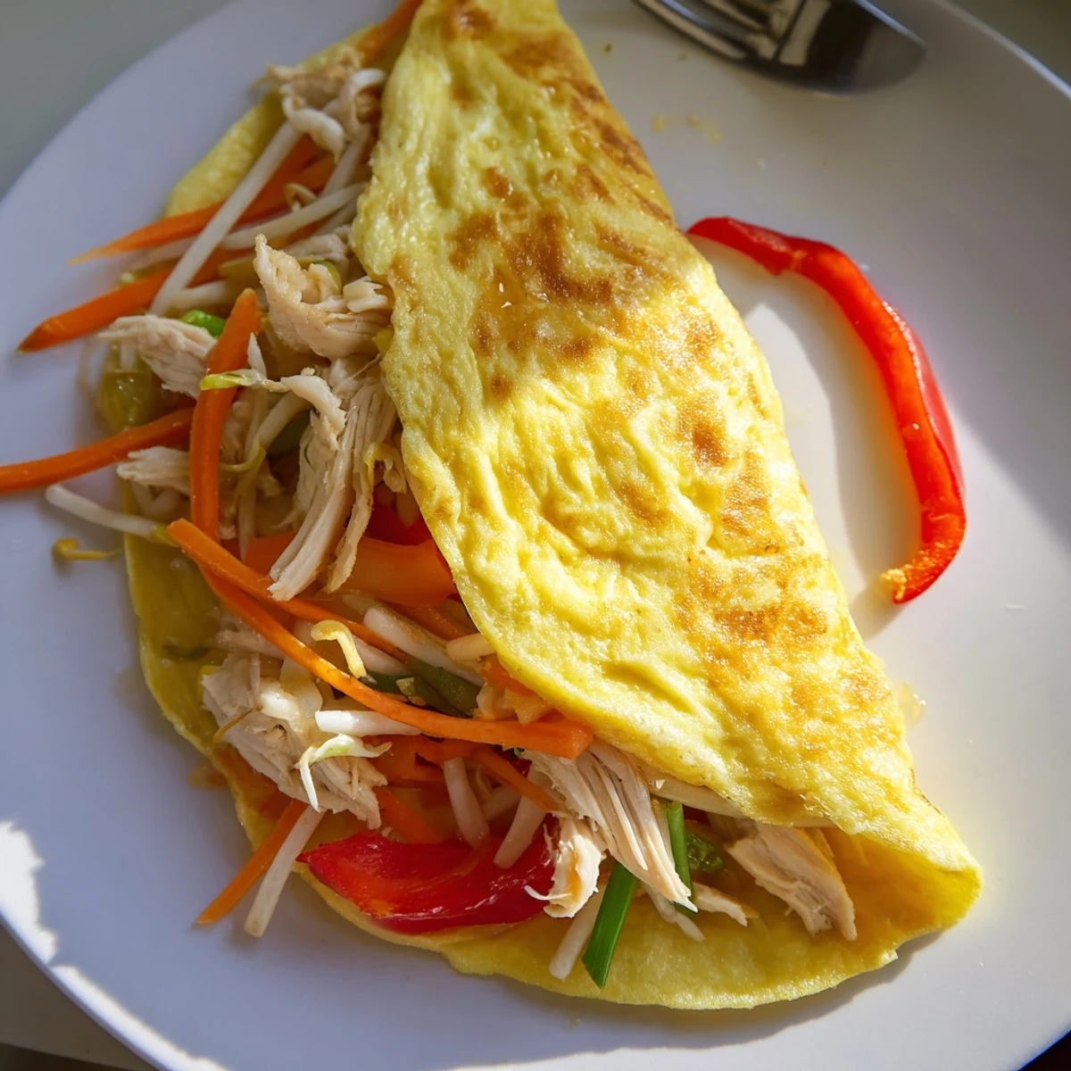 Golden Chinese omelette filled with colorful vegetables and tender shredded chicken