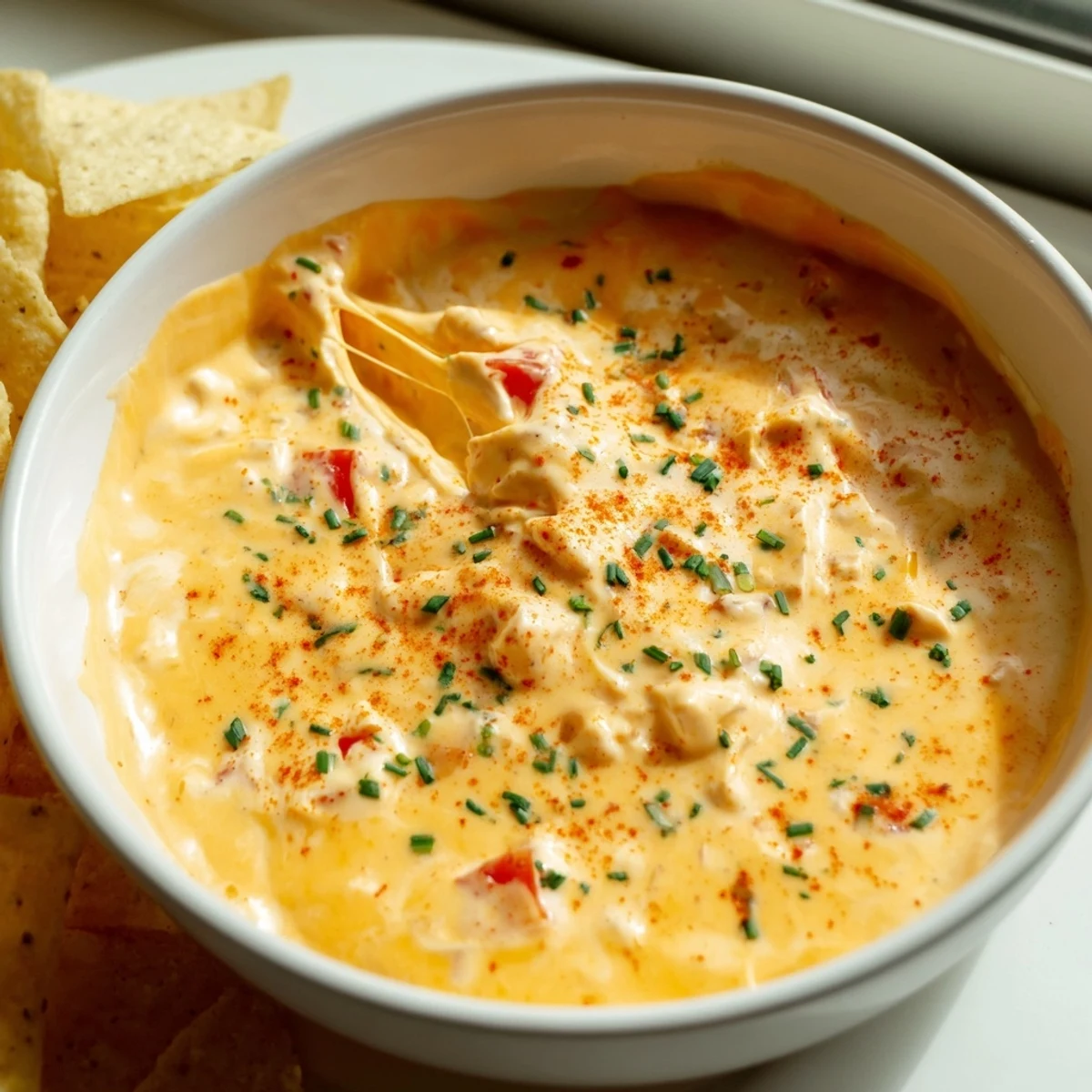 Creamy cheese dip served warm in a bowl with golden tortilla chips nearby