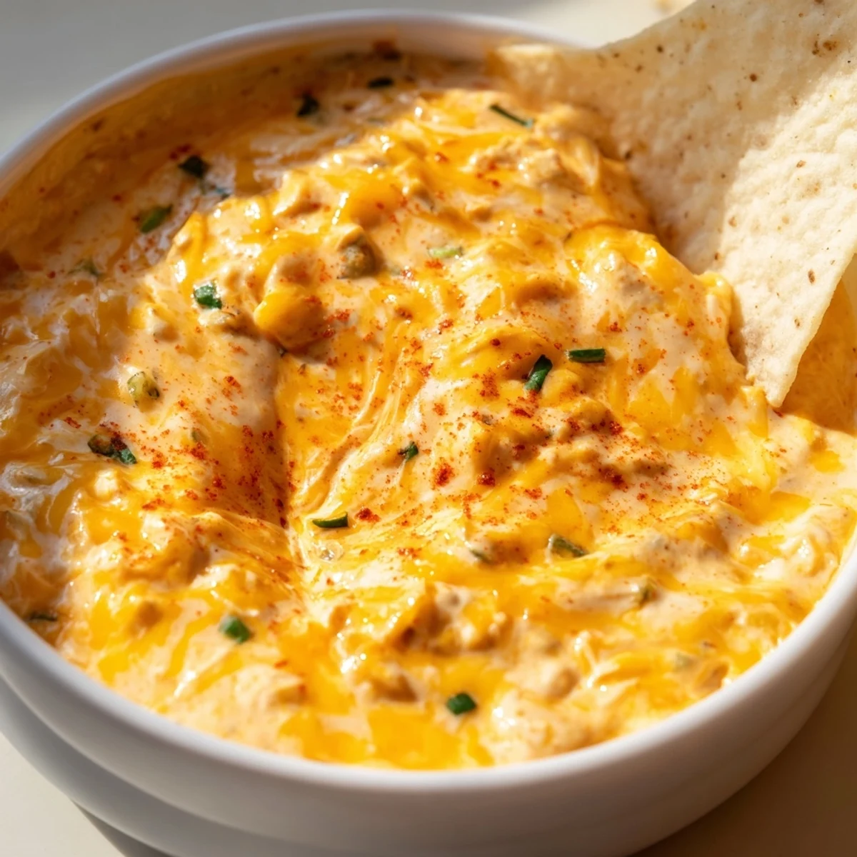 Steaming homemade cheese dip topped with diced tomatoes and fresh green chives