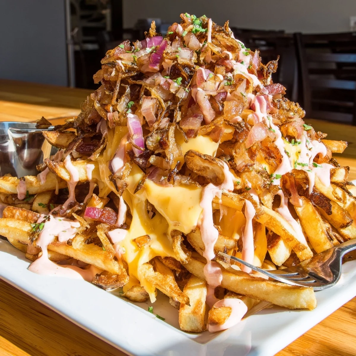 Crispy In N Out Animal Style Fries loaded with melted cheese and tangy sauce