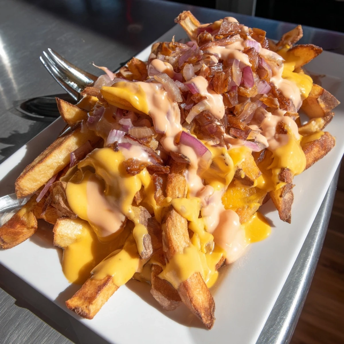 In N Out Animal Style Fries topped with gooey cheese and savory grilled onions