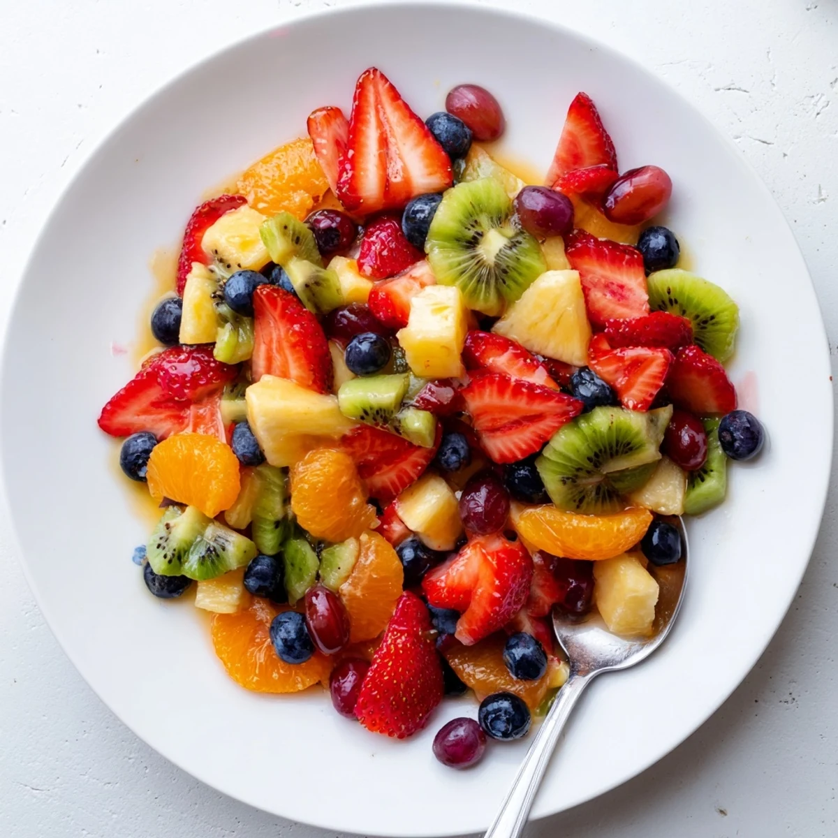 Refreshing fruit bowl drizzled with honey mint dressing in a rustic ceramic dish