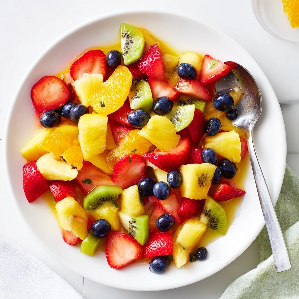 Colorful fruit bowl bursting with fresh strawberries, blueberries, and tropical pineapple chunks