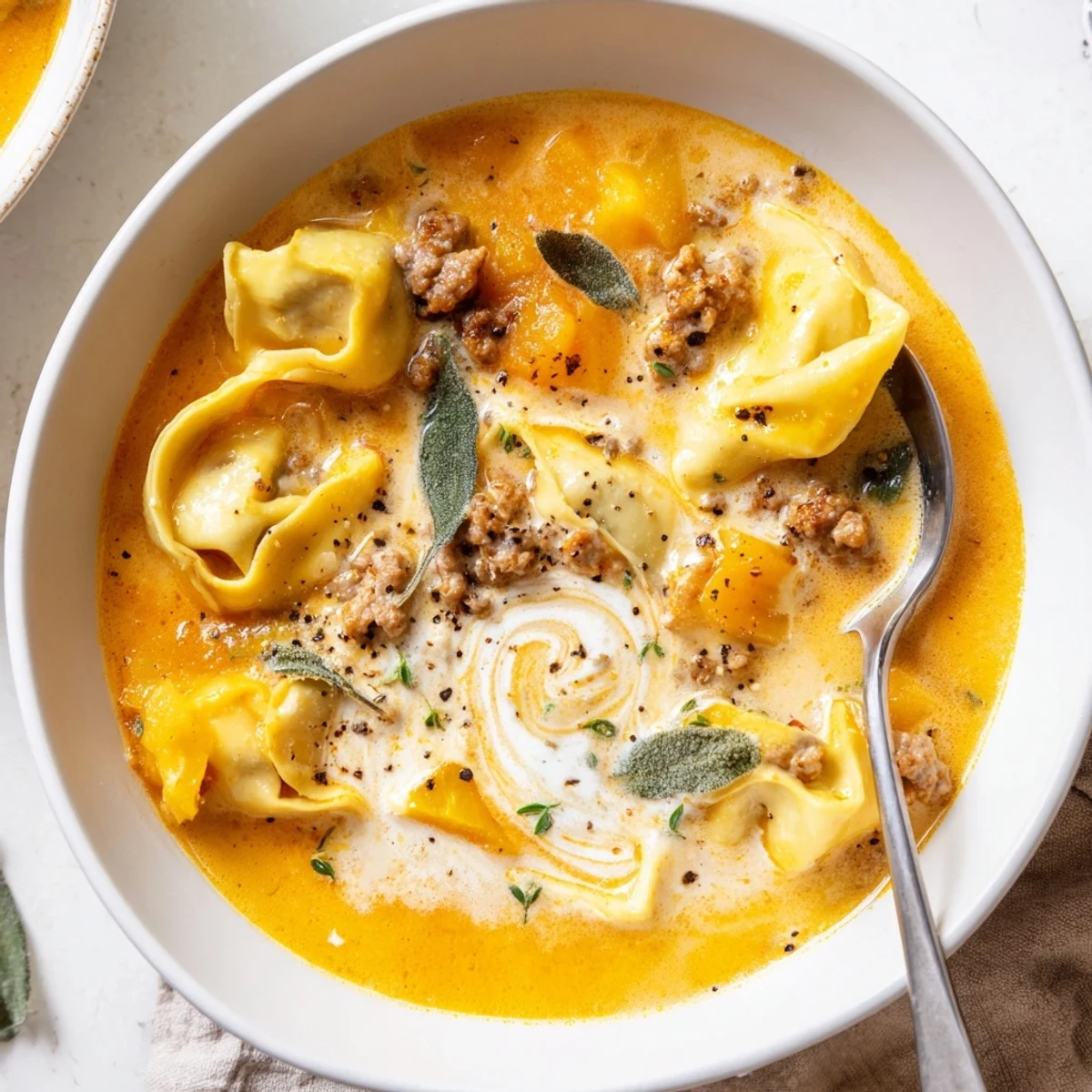 Creamy butternut squash sausage tortellini soup ladled into a rustic bowl with melted cheese swirl