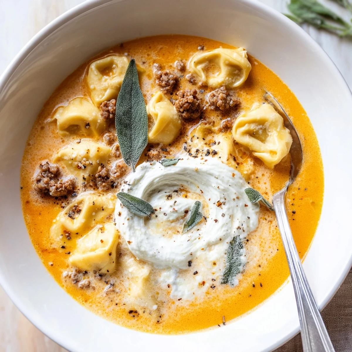 Steaming bowl of butternut squash sausage tortellini soup with plump pasta and herbed ricotta drizzle