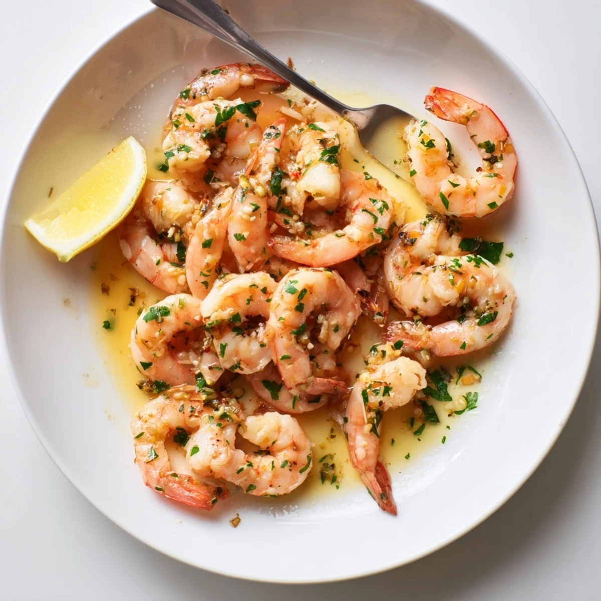 Buttered shrimp sizzling in a cast iron skillet with lemon wedges nearby
