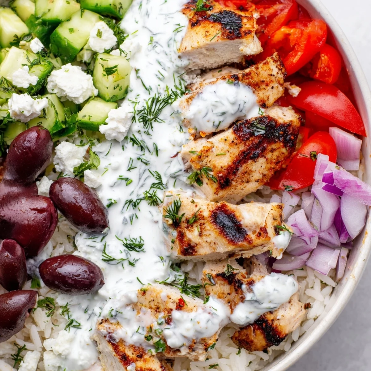 Golden grilled chicken nestled over rice with crisp veggies and cool tzatziki in these colorful Greek Chicken Bowls.