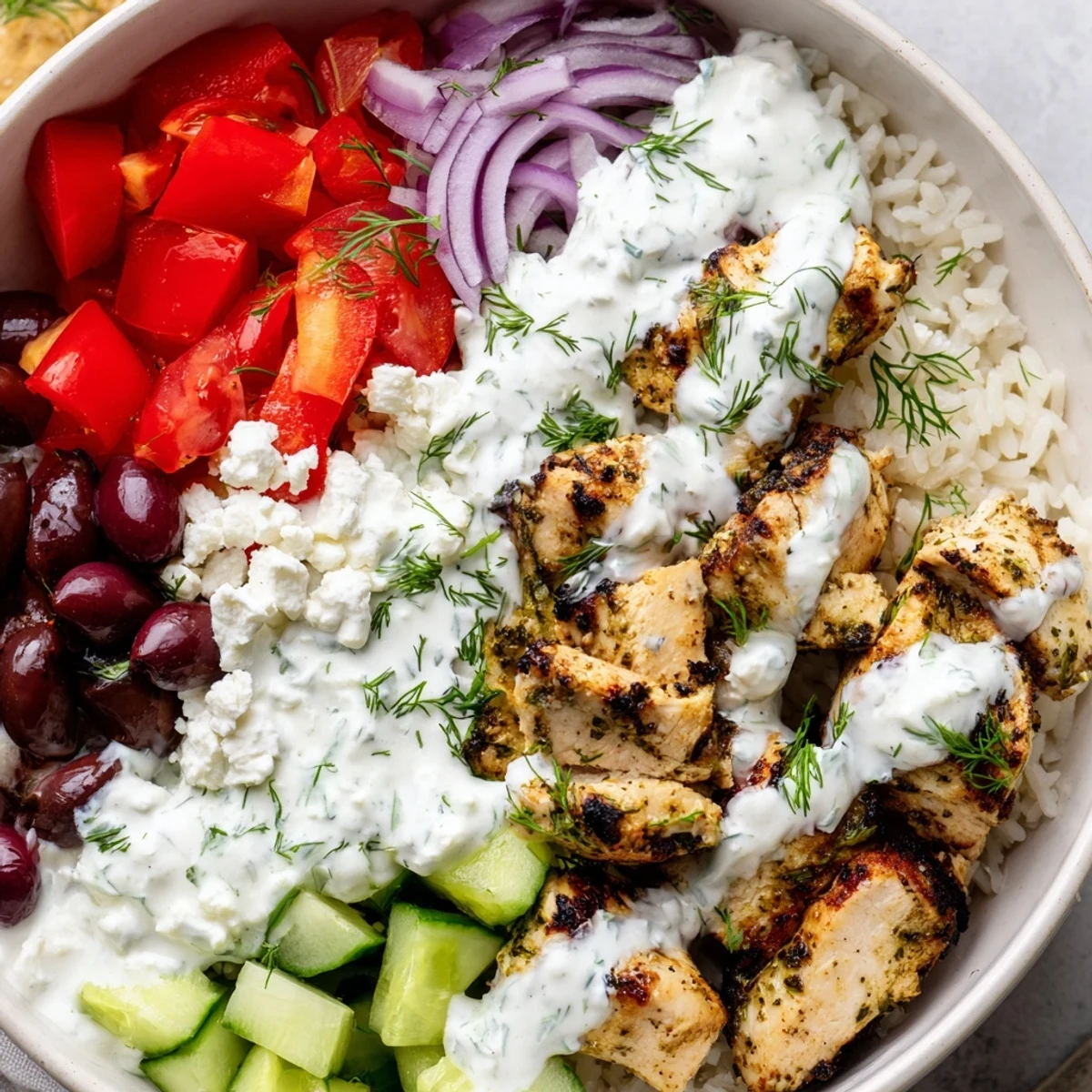 Tender herb-marinated chicken topped with crumbled feta, juicy tomatoes, and creamy tzatziki in a vibrant Greek Chicken Bowl.