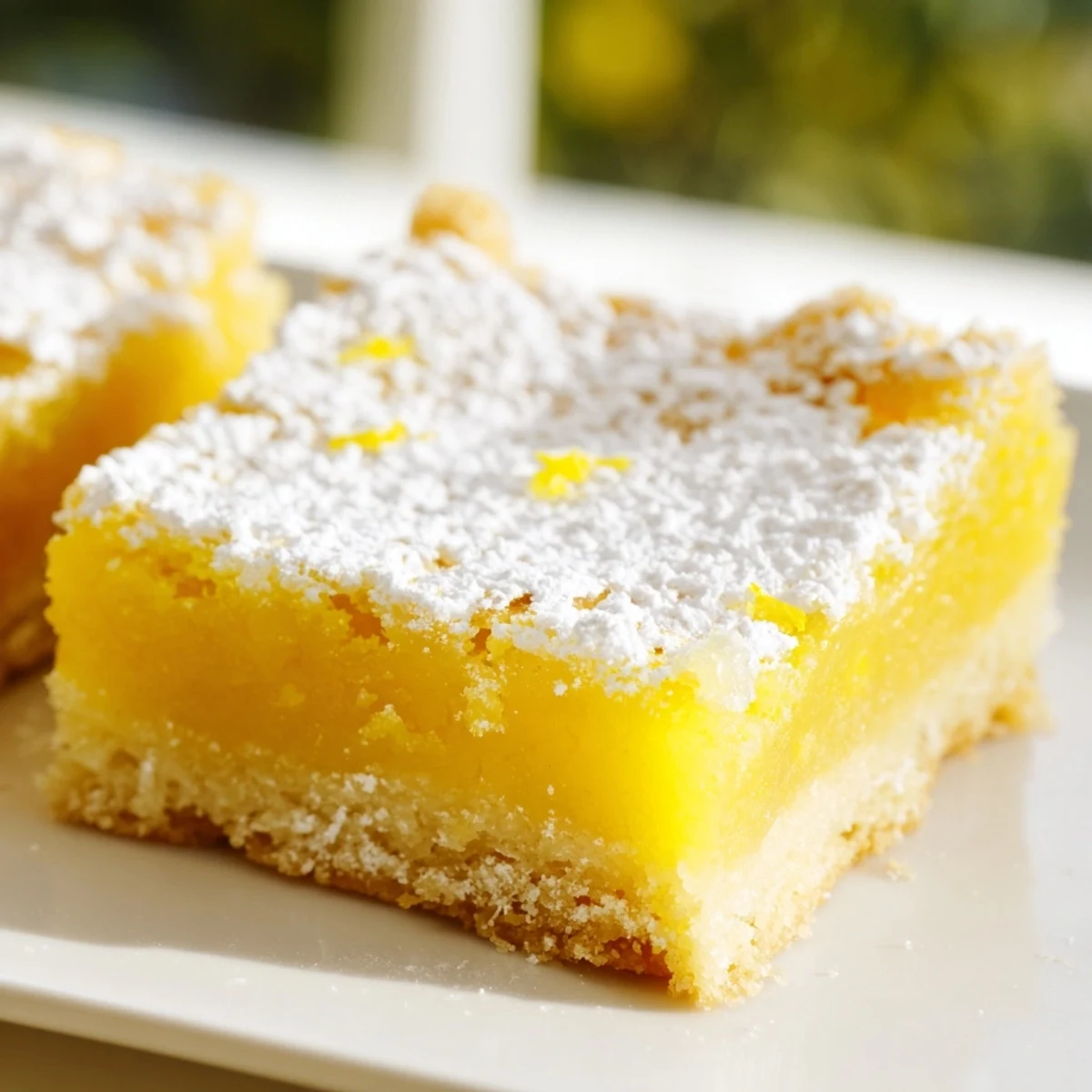 Golden simple lemon bars dusted with powdered sugar on a rustic cutting board