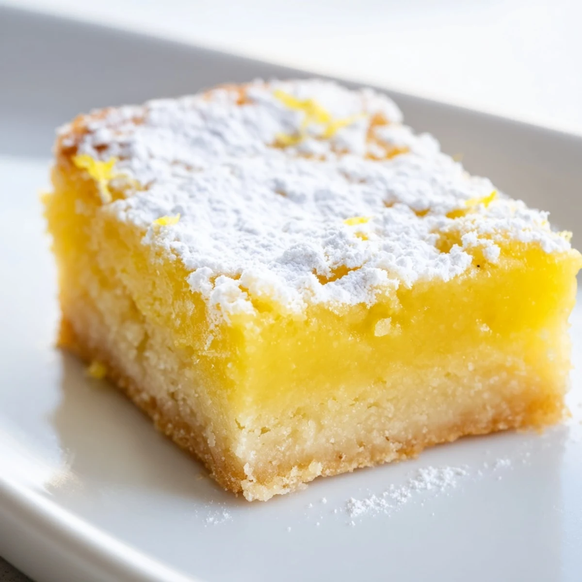 Bright yellow simple lemon bars with a powdery sugar coating sliced into squares