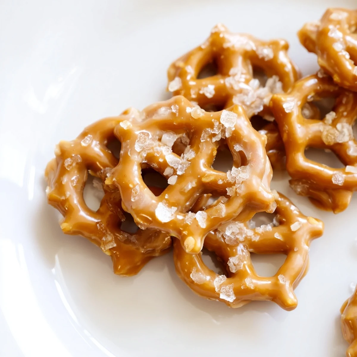 Golden butter toffee pretzels glistening with a caramelized coating and flaky sea salt
