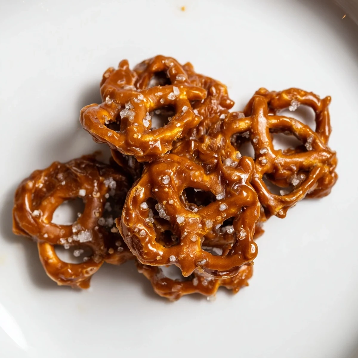 Crunchy butter toffee pretzels spread on parchment, coated in glossy caramelized brown sugar glaze