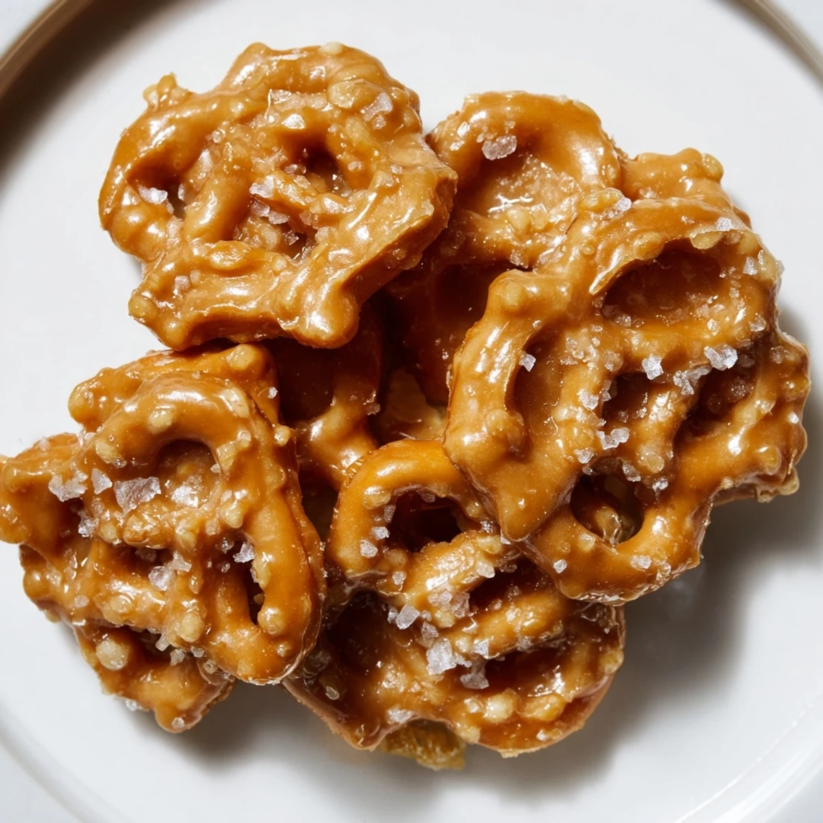 Warm butter toffee pretzels fresh from the oven, dusted with sparkling sea salt crystals