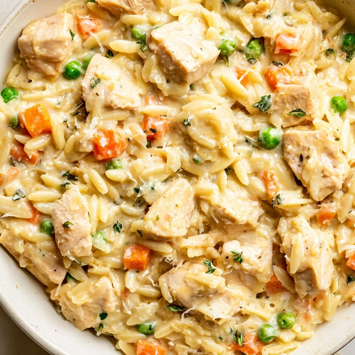 Steaming bowl of creamy chicken pot pie orzo with tender vegetables and golden chicken