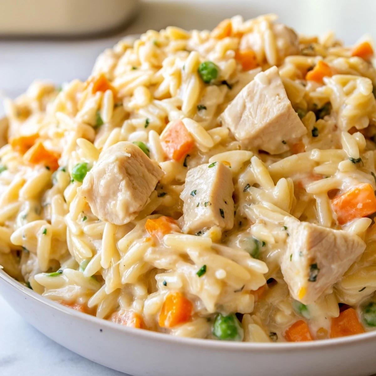 Creamy chicken pot pie orzo topped with Parmesan in a cozy rustic bowl
