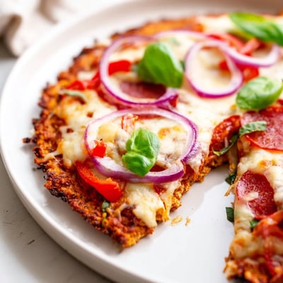 Low-carb chicken crust pizza featuring bubbling cheese and colorful bell pepper toppings