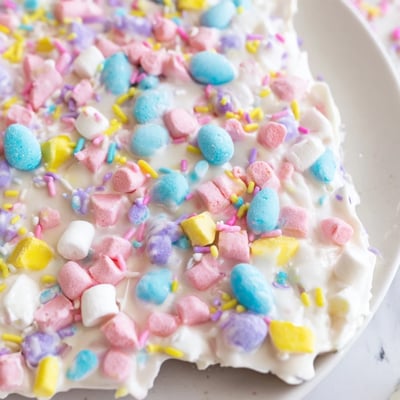 Festive Easter marshmallow bark featuring creamy white chocolate and swirled pastel mini marshmallows