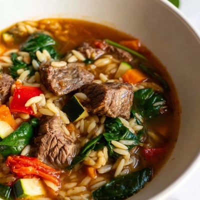 Hearty Beef And Orzo With Garden Veggies