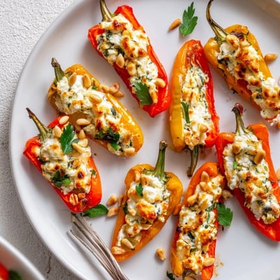 Creamy goat cheese stuffed mini peppers roasted until tender and topped with toasted pine nuts